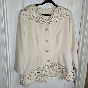 Lpogee Vintage Ivory Polyester Jacket Womens Sz 22 Button Up Cut Outs